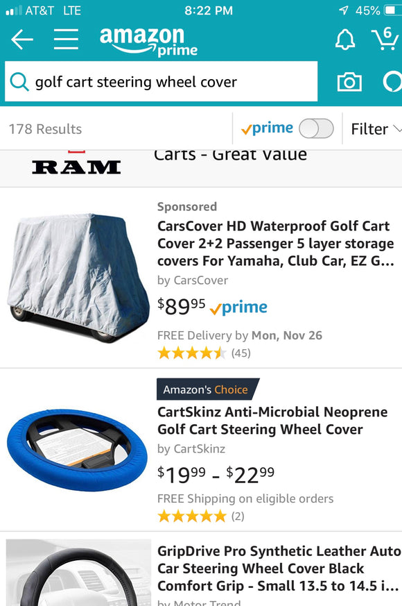CartSkinz Golf Cart Steering Wheel covers earn Amazon's Choice !